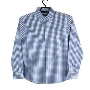 Mens Blue & White Gingham Chaps Shirt Long Sleeve Button Down Stretch Size M